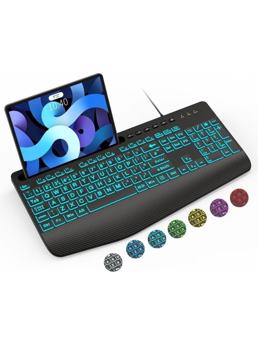 Large Print Backlit Wired USB Keyboard with 7-Color Lights & Wrist Rest - Easy